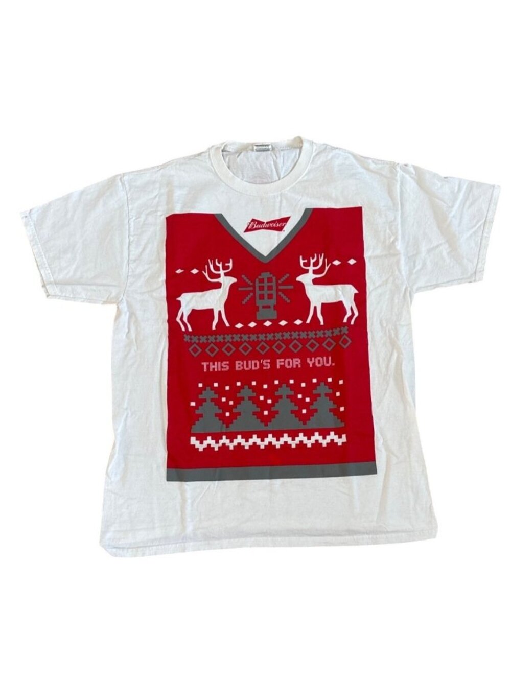 Budweiser Christmas Shirt Large This Buds for You Fair Isle Print Y2K White Red